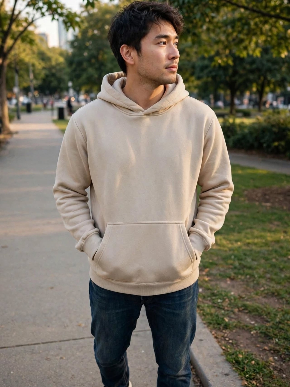 Men's Beige Hoodie Sweatshirt - Casual Pullover